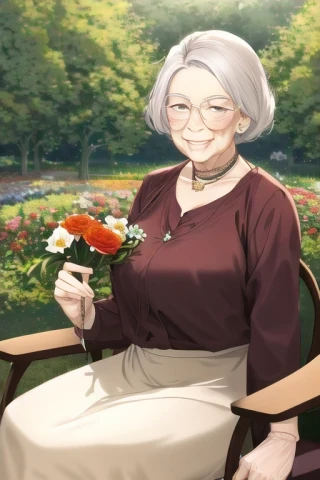цветок, смех, пожилая женщина